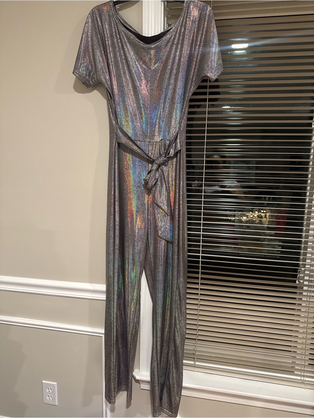 Holographic Silver Jumpsuit MED Metallic Wide Leg Party Romper Festival Outfit - Picture 2 of 3